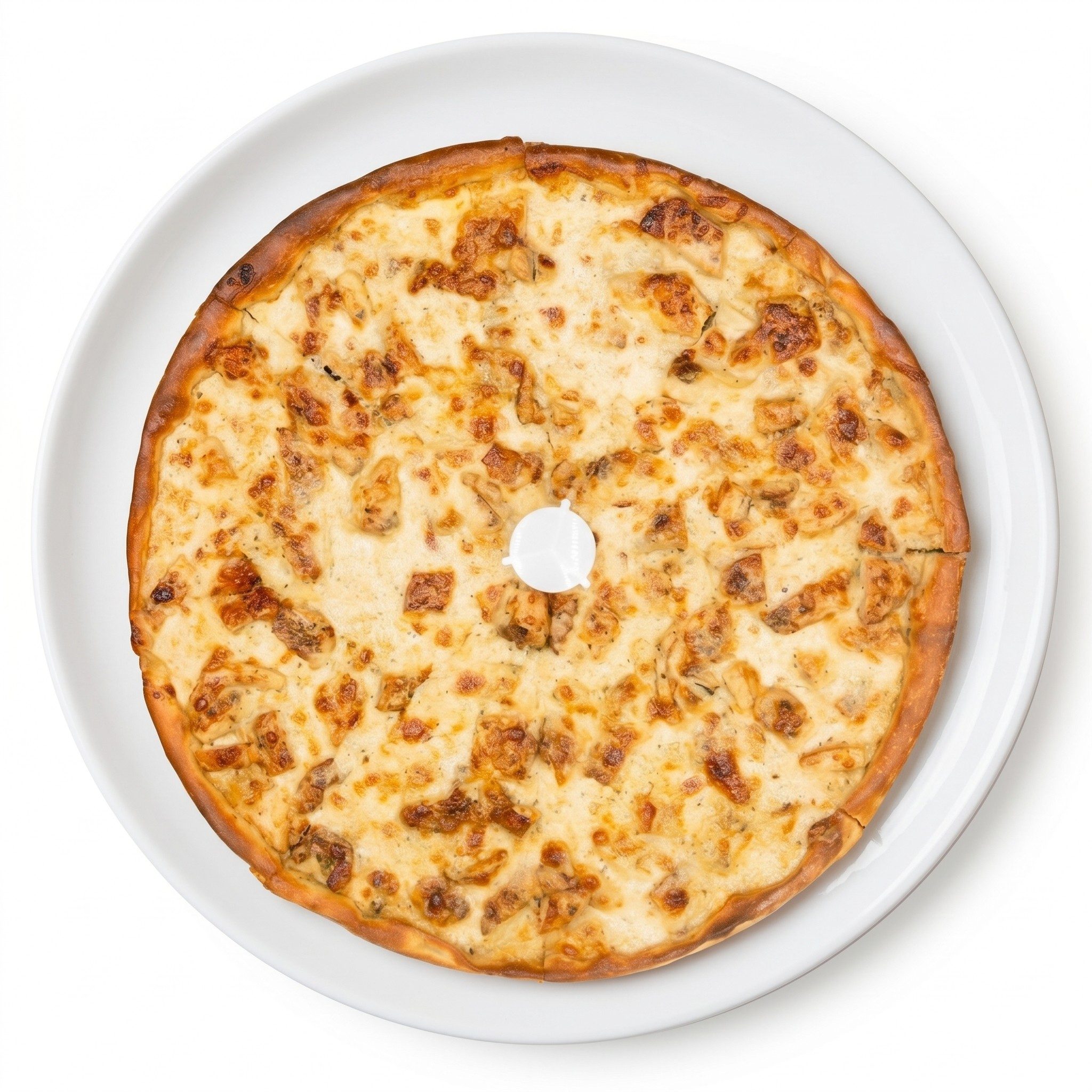 Chicken Alfredo Deep Dish Pizza.